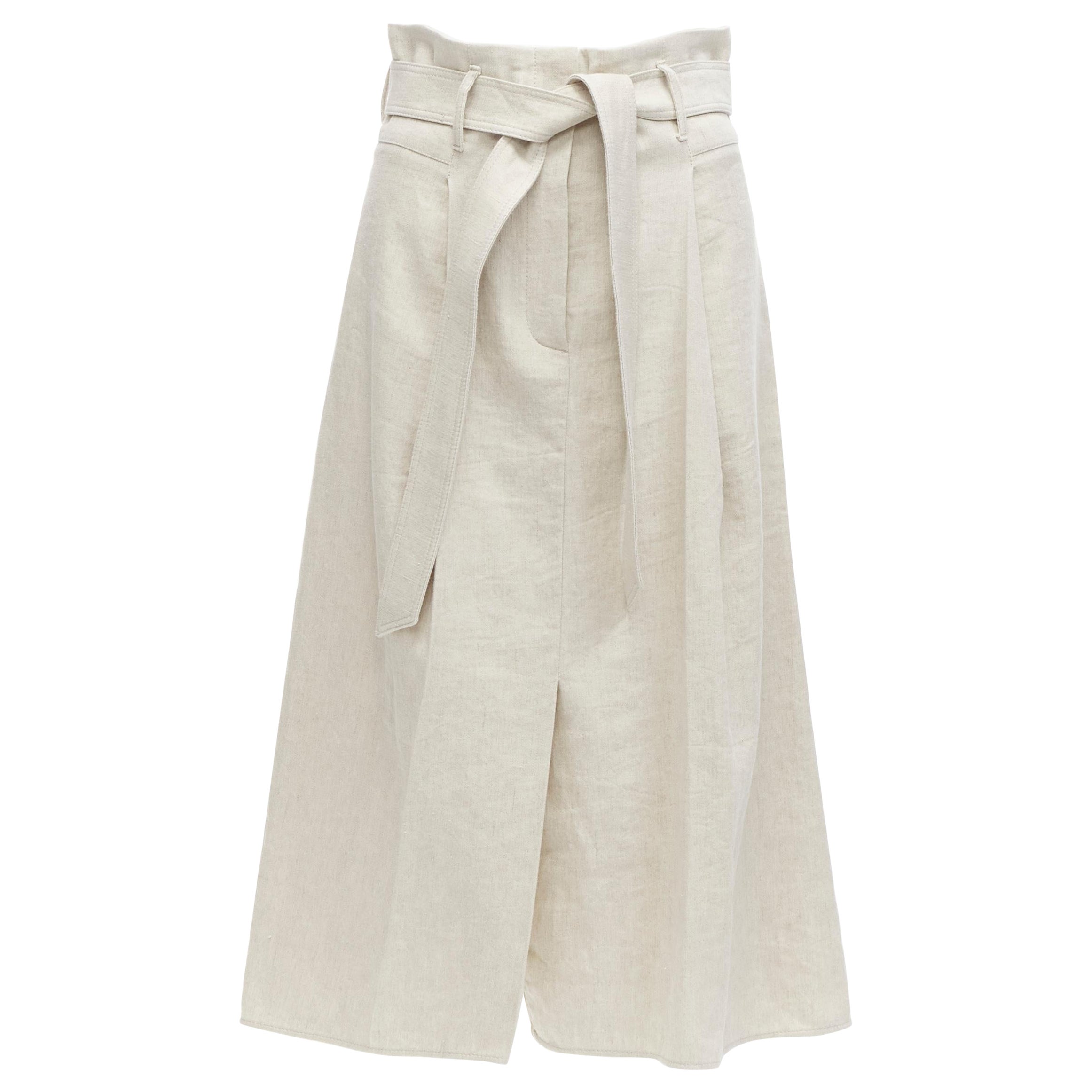 BRUNELLO CUCINELLI beige cotton linen tie belt A-line midi skirt IT40 S For Sale