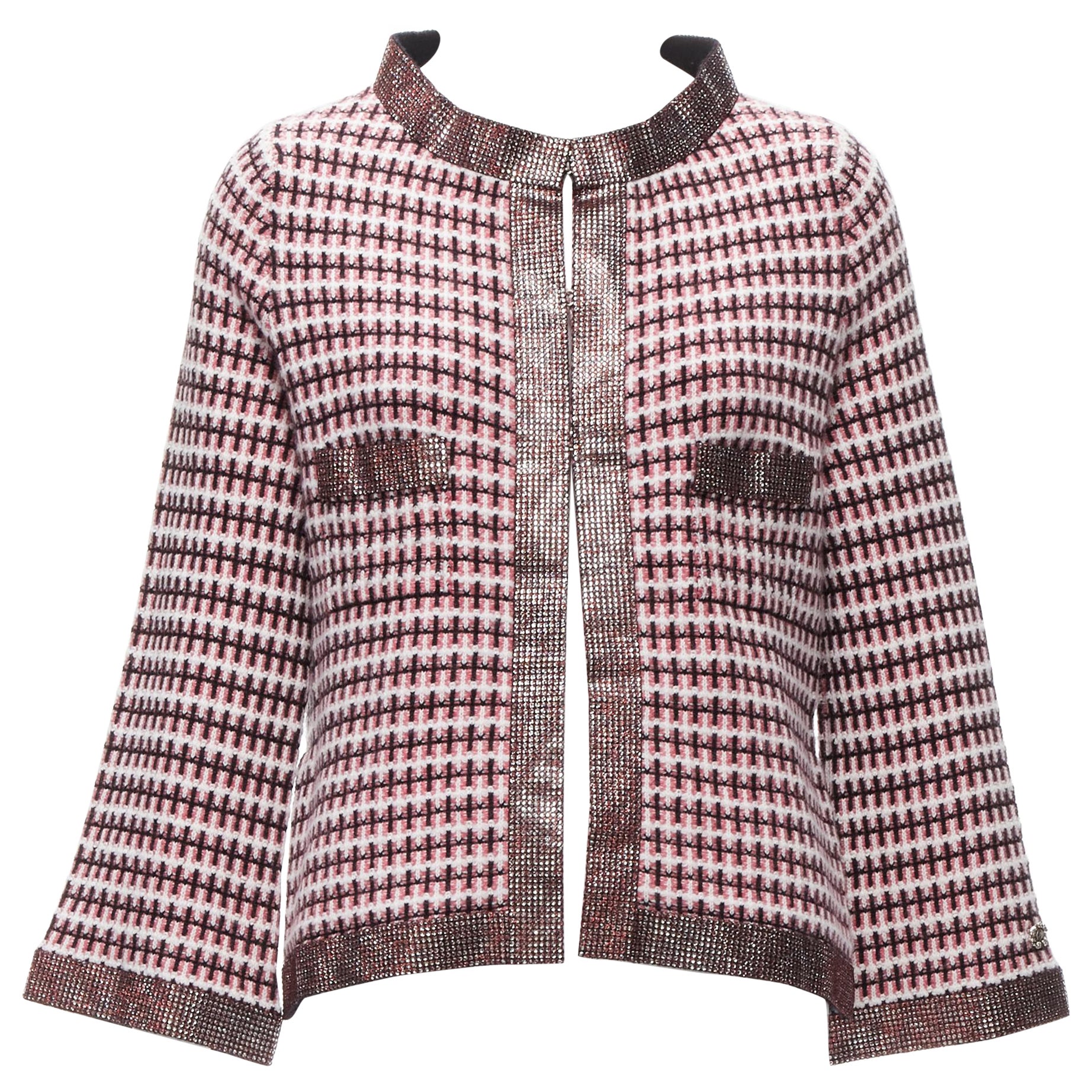 CHANEL pink 100% cashmere tweed crystal trim swing cardigan jacket FR34 XS For Sale