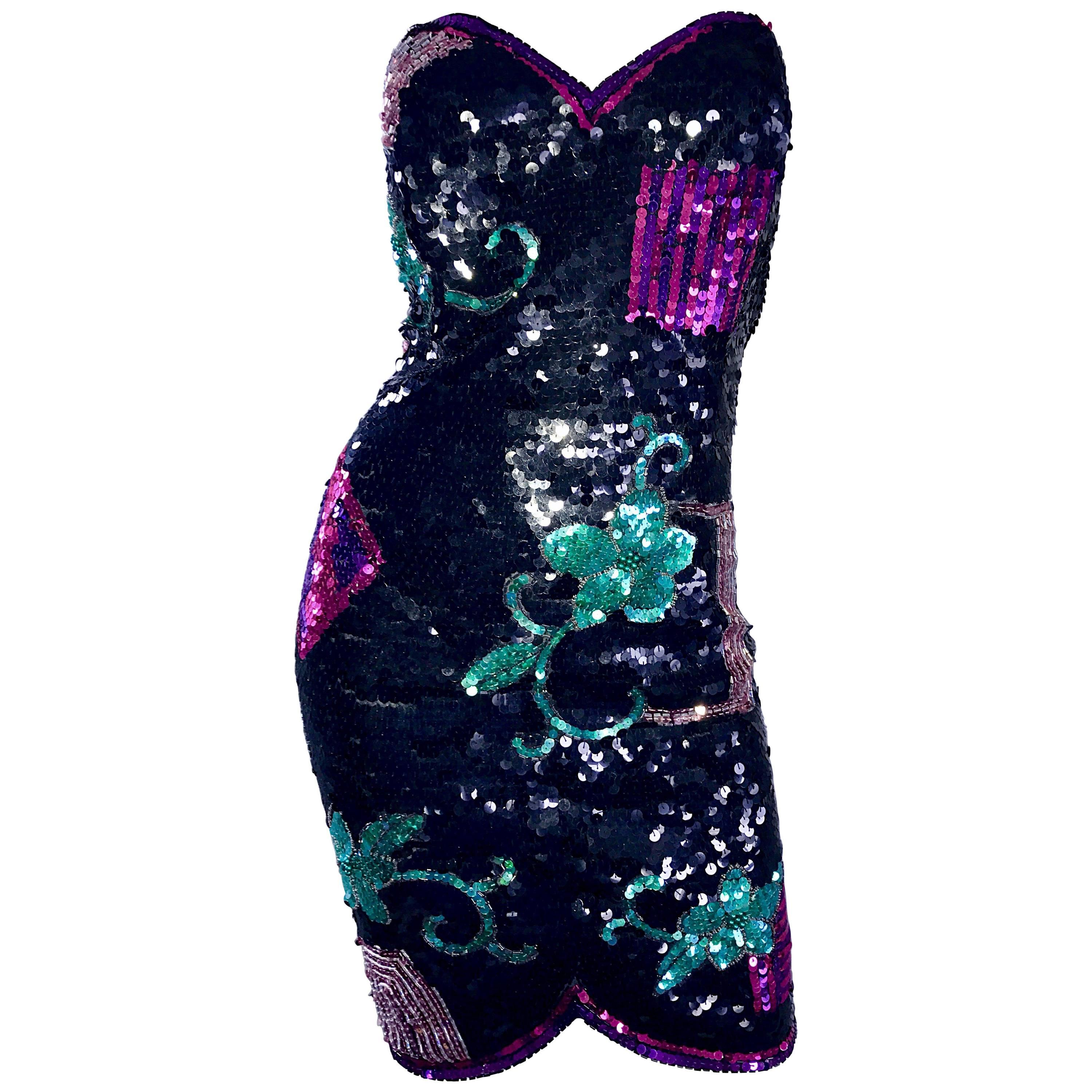 1990s Larger Size Sexy Sequin and Beaded Strapless Bodycon Vintage 90s Dress For Sale