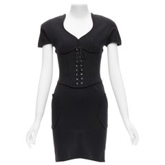 THIERRY MUGLER Vintage Schwarzes Jersey-Korsett-Bodycon-Kleid mit Schnürung an der Taille M