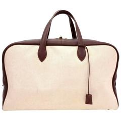 Hermes Victoria 50 Beige Canvas x Brown Leather Large Boston Bag