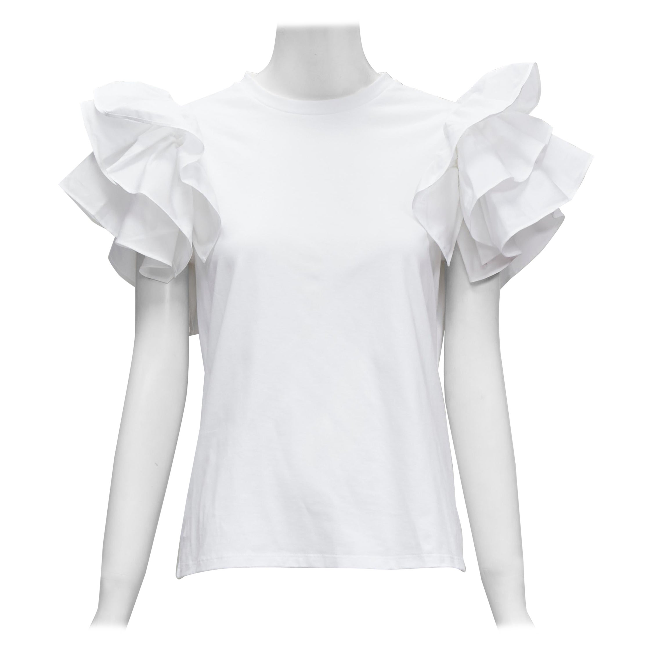 ALEXANDER MCQUEEN white cotton ruffle sleeve crew neck t-shirt IT38 XS For Sale