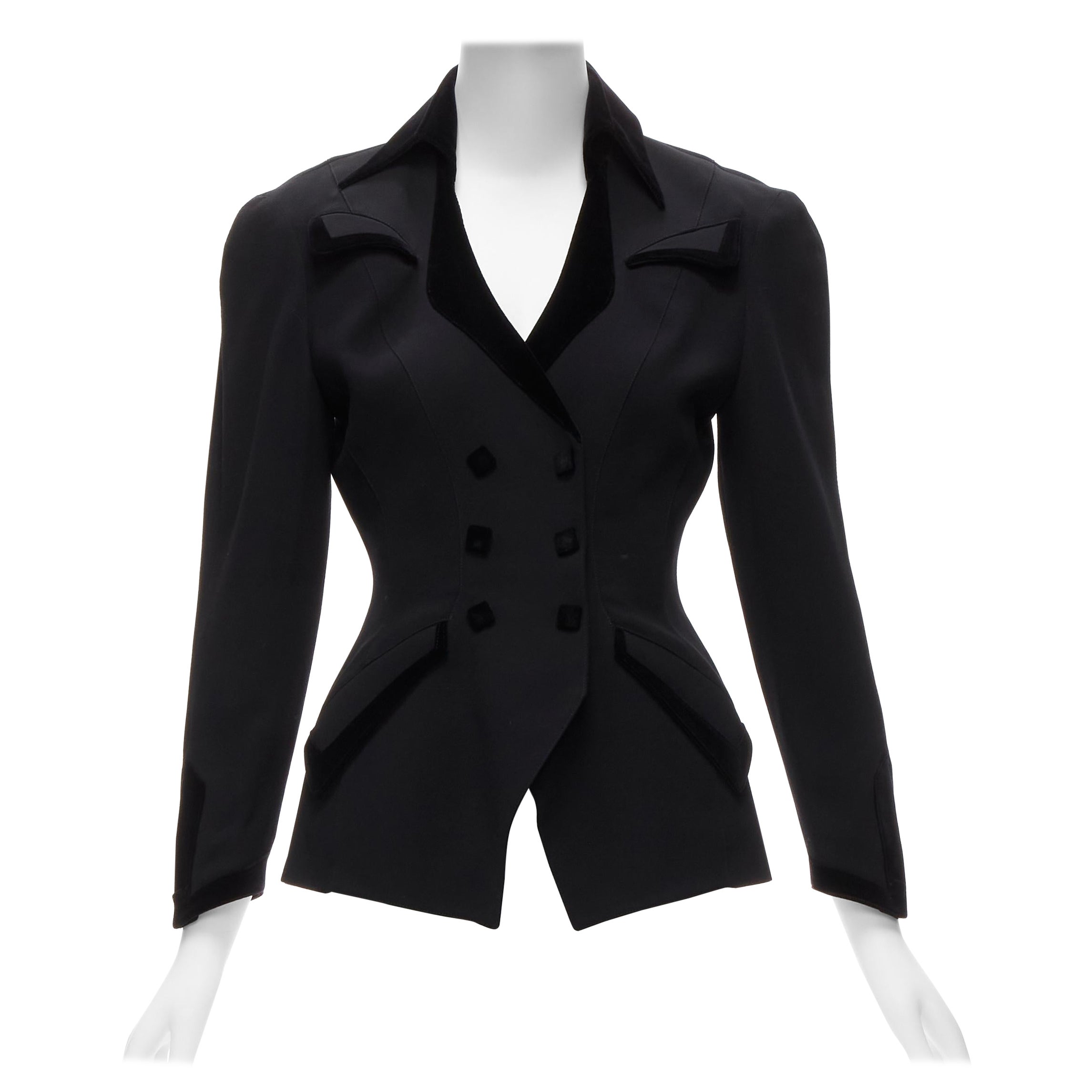 THIERRY MUGLER Vintage black curved lapel velvet shadow peplum blazer IT7AR S For Sale