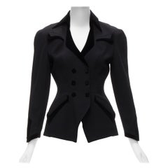 Thierry Mugler Vintage blazer nero con risvolto curvo in velluto shadow peplum IT7AR S