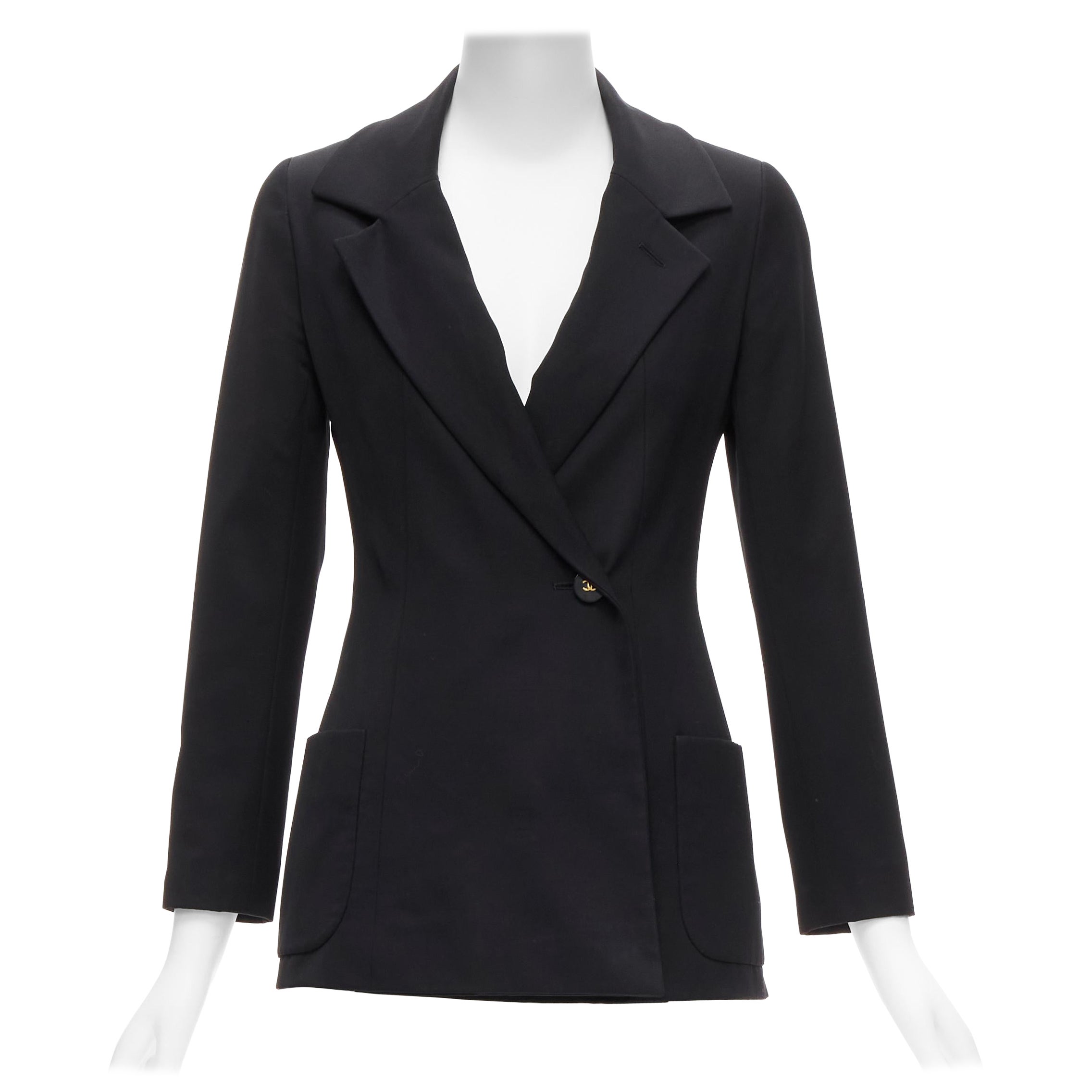 CHANEL 94A Blazer vintage in lana nera oro con bottoni CC e fodera monogramma FR34 XS
