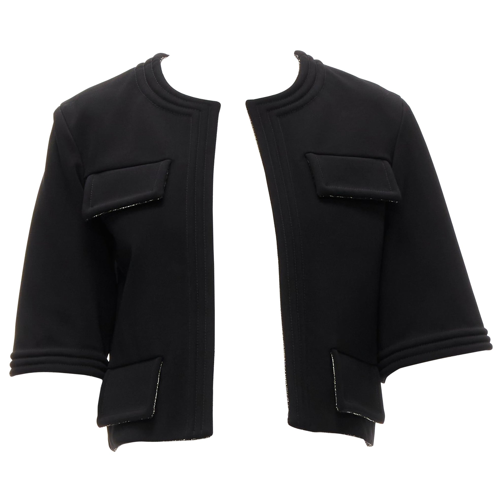 CHANEL black silver metallic tweed lined 4 pocket cropped bolero jacket FR34 XS