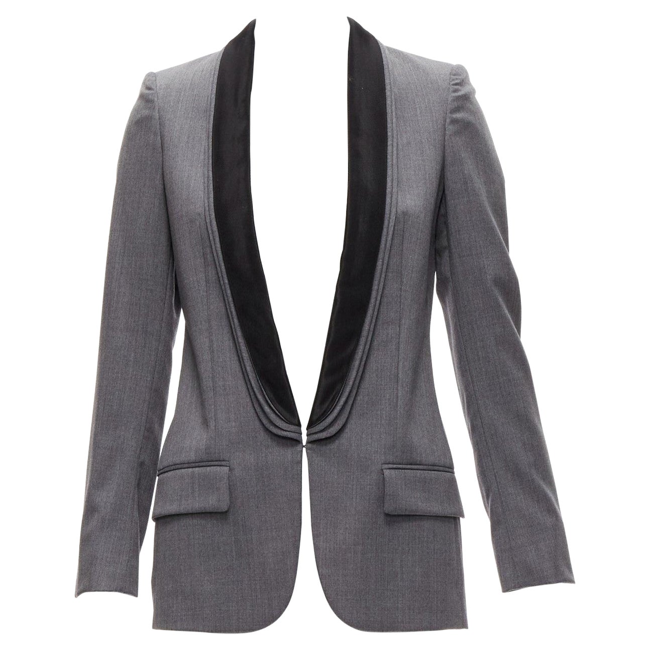 Stella McCartney, blazer aderente con tasca a scialle in lana grigia a triplo strato IT36 XXS