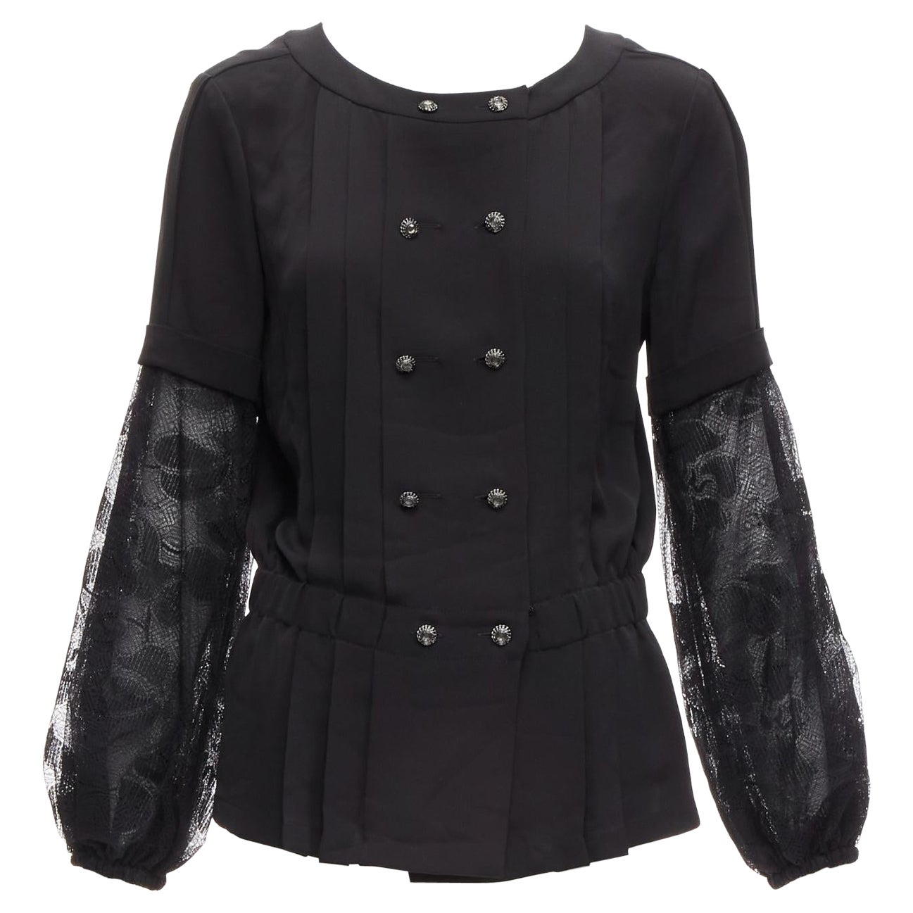CHANEL 13P silk black floral lace layered sleeves pleated jacket blouse FR36 S For Sale