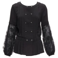 CHANEL 13P Faltenjacke aus schwarzer Seide mit geschichteten Ärmeln und Blumenspitze FR36 S