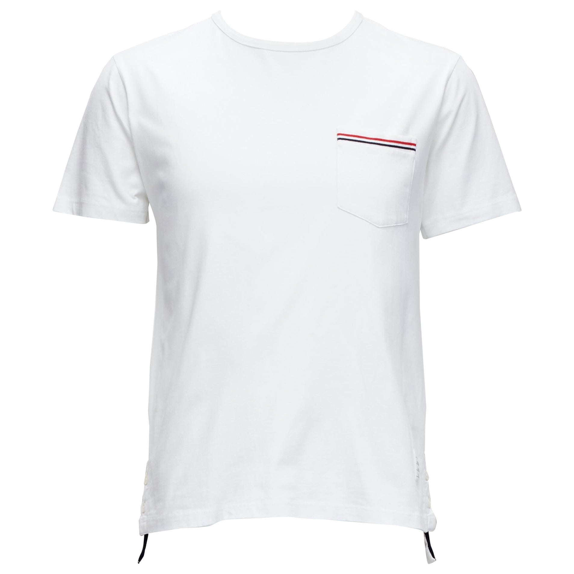 THOM BROWNE iconic stripes patch pocket white cotton tshirt Sz. 1 S For Sale
