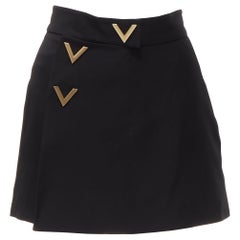 Valentino VLOGO bouton métal doré noir laine soie mini jupe 60's skorts IT38 XS