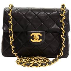 Vintage Chanel 7" Flap Black Quilted Leather Shoulder Mini Bag