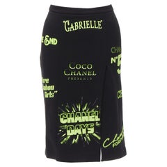 rare CHANEL 2021 Runway black neon graphic logo slit cotton fleece skirt FR34 XS