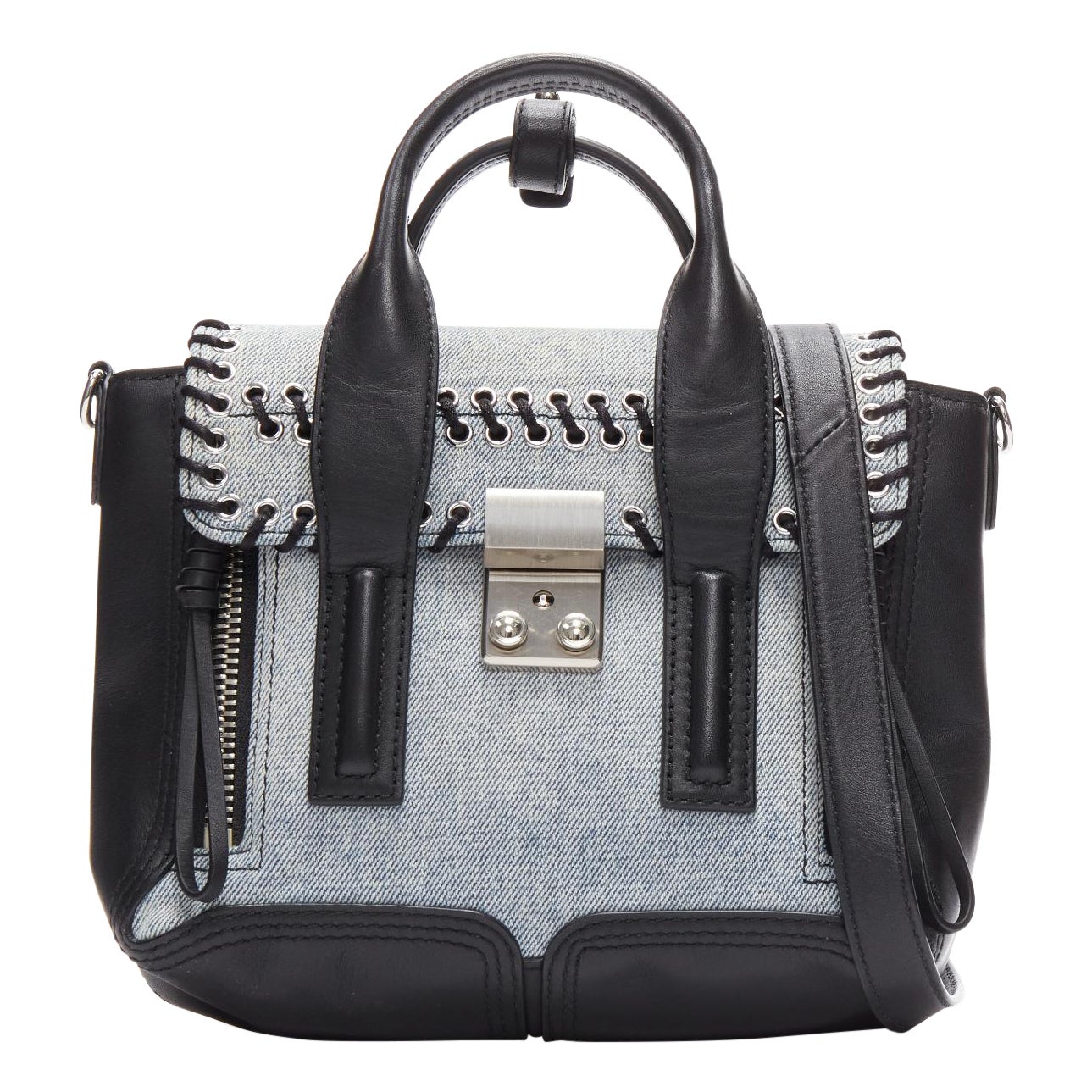 3.1 PHILLIP LIM Bolso bandolera Pashli de cuero negro con pespunte en tejido vaquero azul lavado en venta