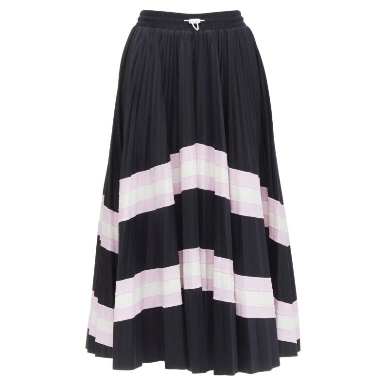 VALENTINO black pink stripes patchwork pleated toggle pleated midi skirt XS For Sale