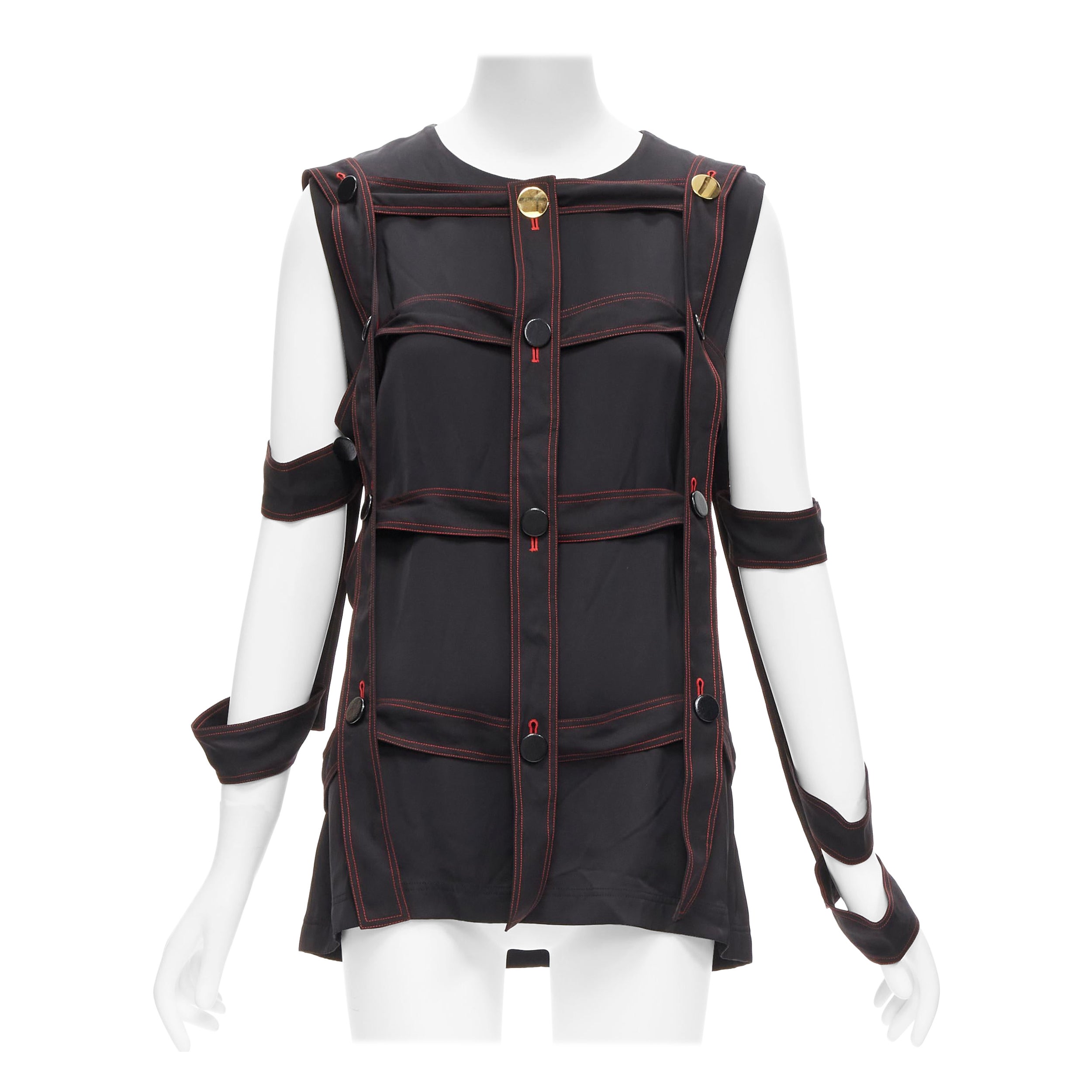 VECCHIO CELINE Phoebe Philo 2015 Top a griglia nera con bottoni dorati FR38 M. in vendita