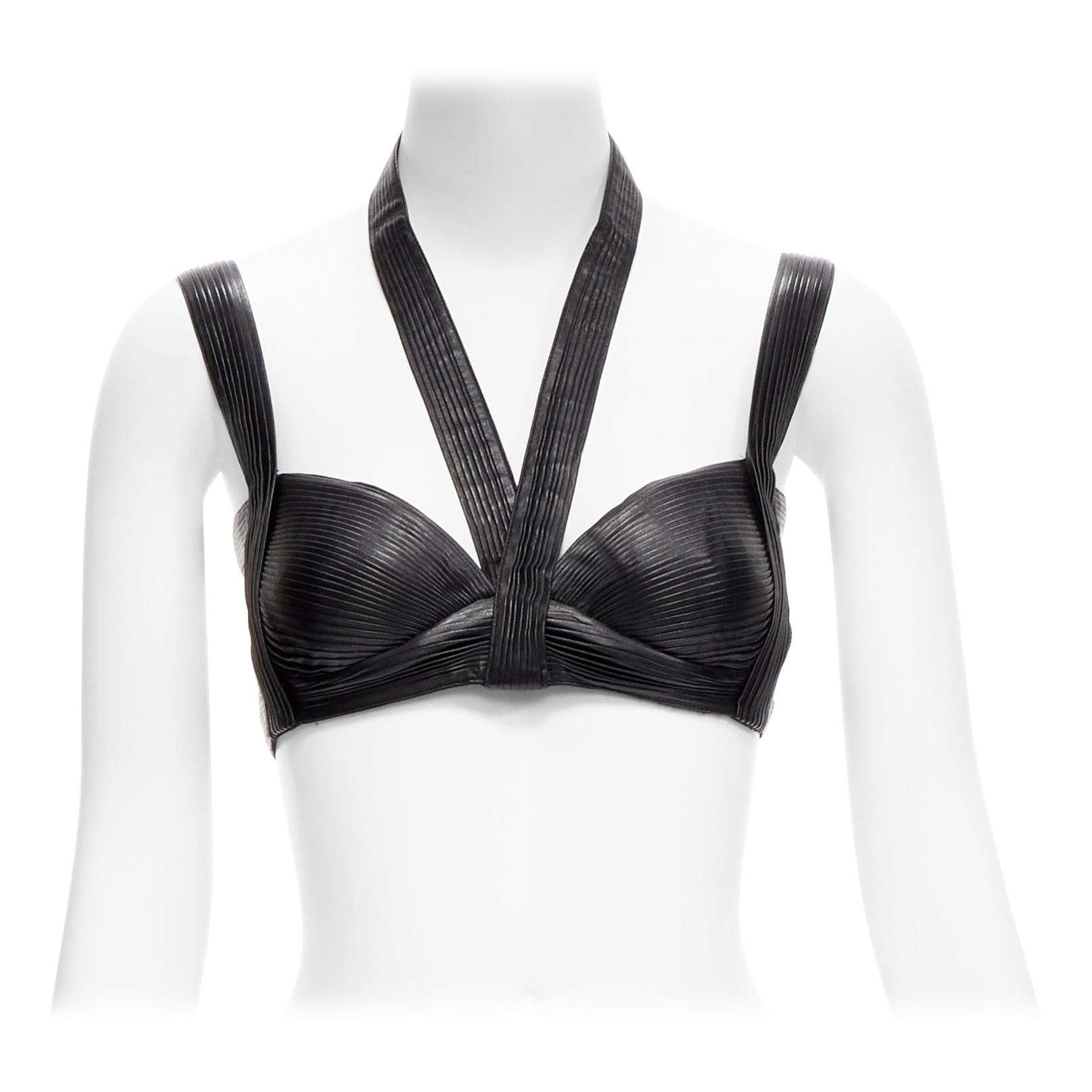 rare GIVENCHY Riccardo Tisci 2014 Runway black pleated leather harness bra top For Sale