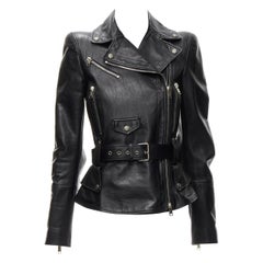 ALEXANDER MCQUEEN 2010 black leather belted peplum biker jacket IT38 XS