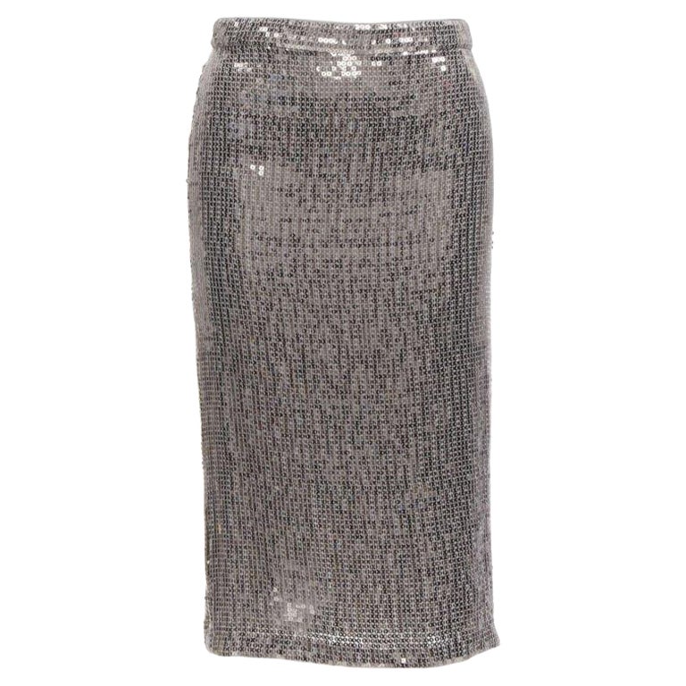 ALICE OLIVIA Silberner Metallic Pailletten-Bleistiftrock mit Schleife hinten US0 XS