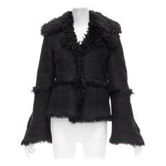 GUCCI Tom Ford Vintage black shearling fur suede flared sleeve coat IT38 XS