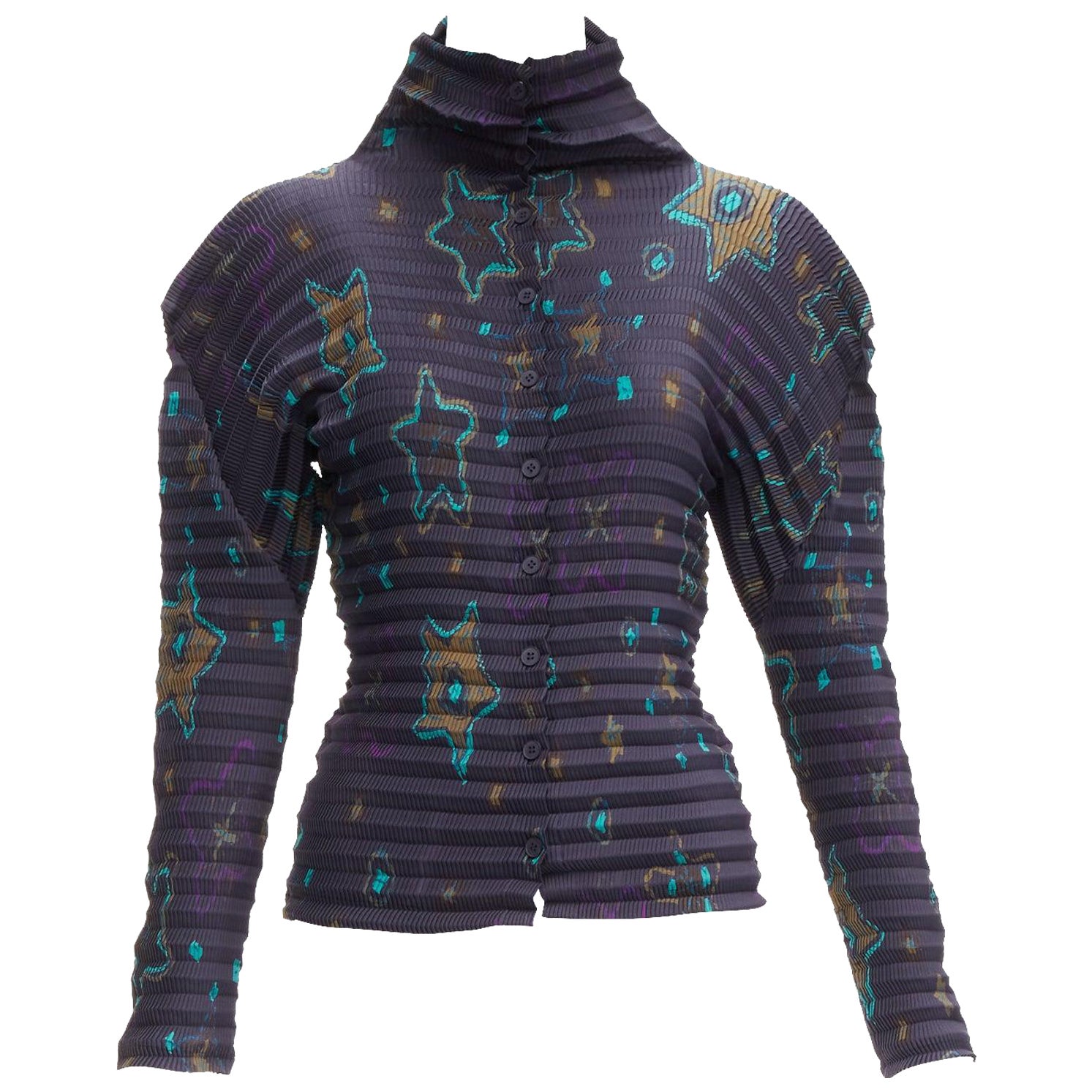raro Issey Miyake Pleats Please stella verde colletto blu scuro top plissettato JP2 M.
