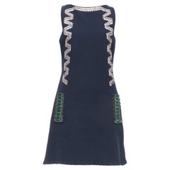 LANVIN 2015 navy cotton rhinestone embellished ribbon shift dress FR36 S