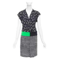 DIANE VON FURSTENBERG green black multi print silk blend wrap dress US2 S