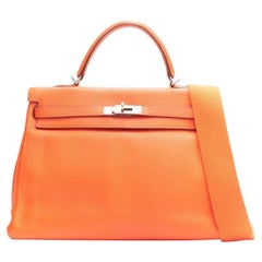 HERMES Kelly 32 PHW orange togo leather silver buckle top handle shoulder bag