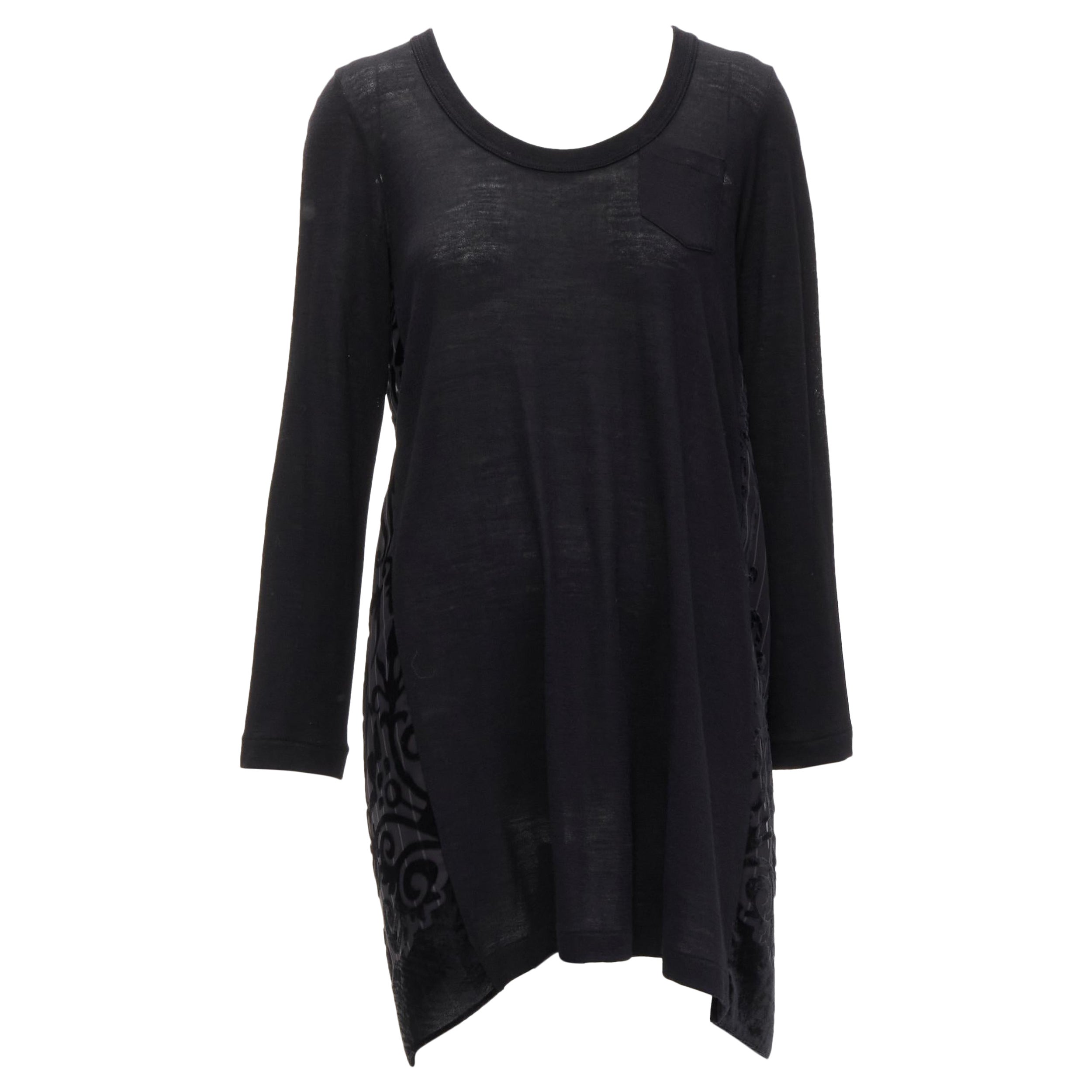 SACAI 2014 black 100% wool velvet devore striped sheer sweater dress JP2 M For Sale