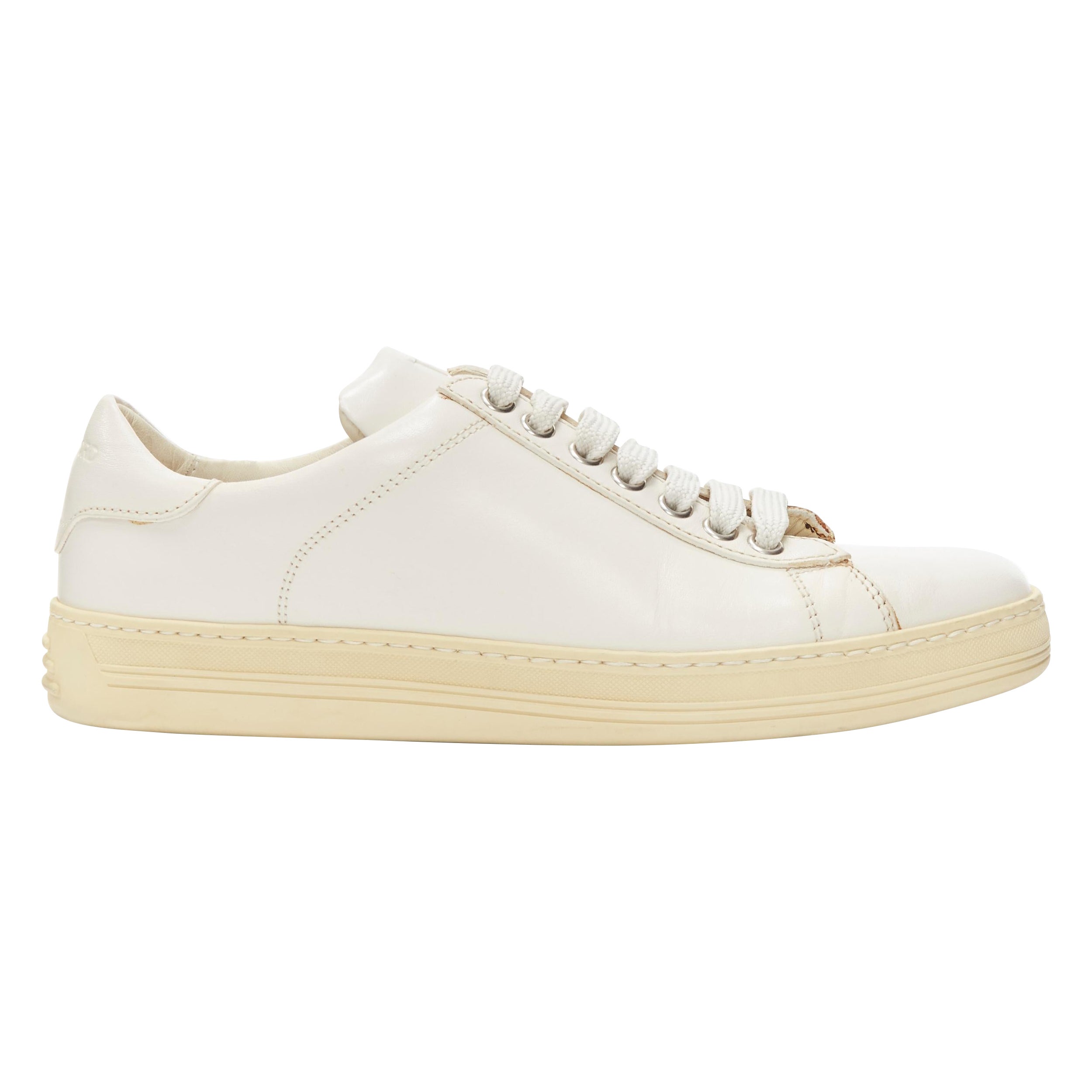 TOM FORD TF logo cream stiff leather minimal classic lace up sneakers EU36 For Sale
