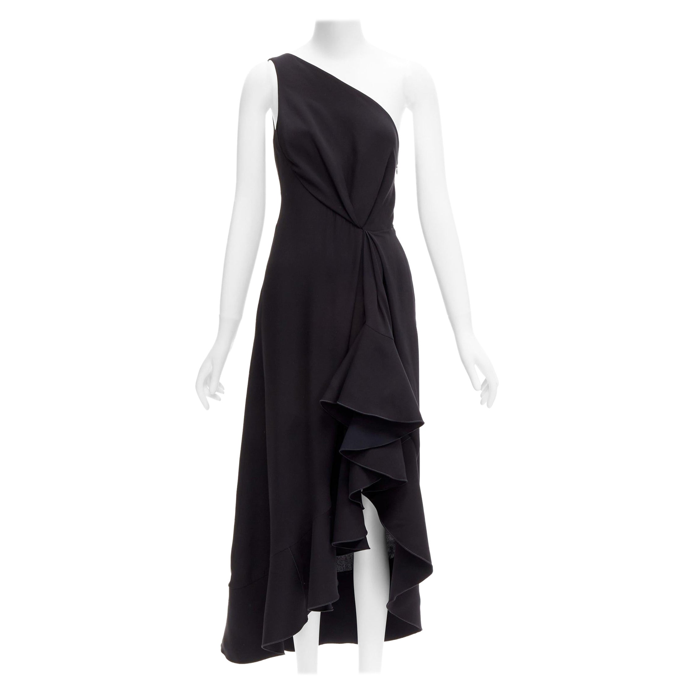 DION LEE vestido asimétrico con volantes en seda negra con un hombro drapeado delante AUS10 M en venta