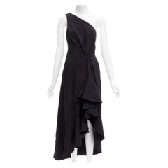 DION LEE black silk one shoulder drape front asymmetric ruffle dress AUS10 M