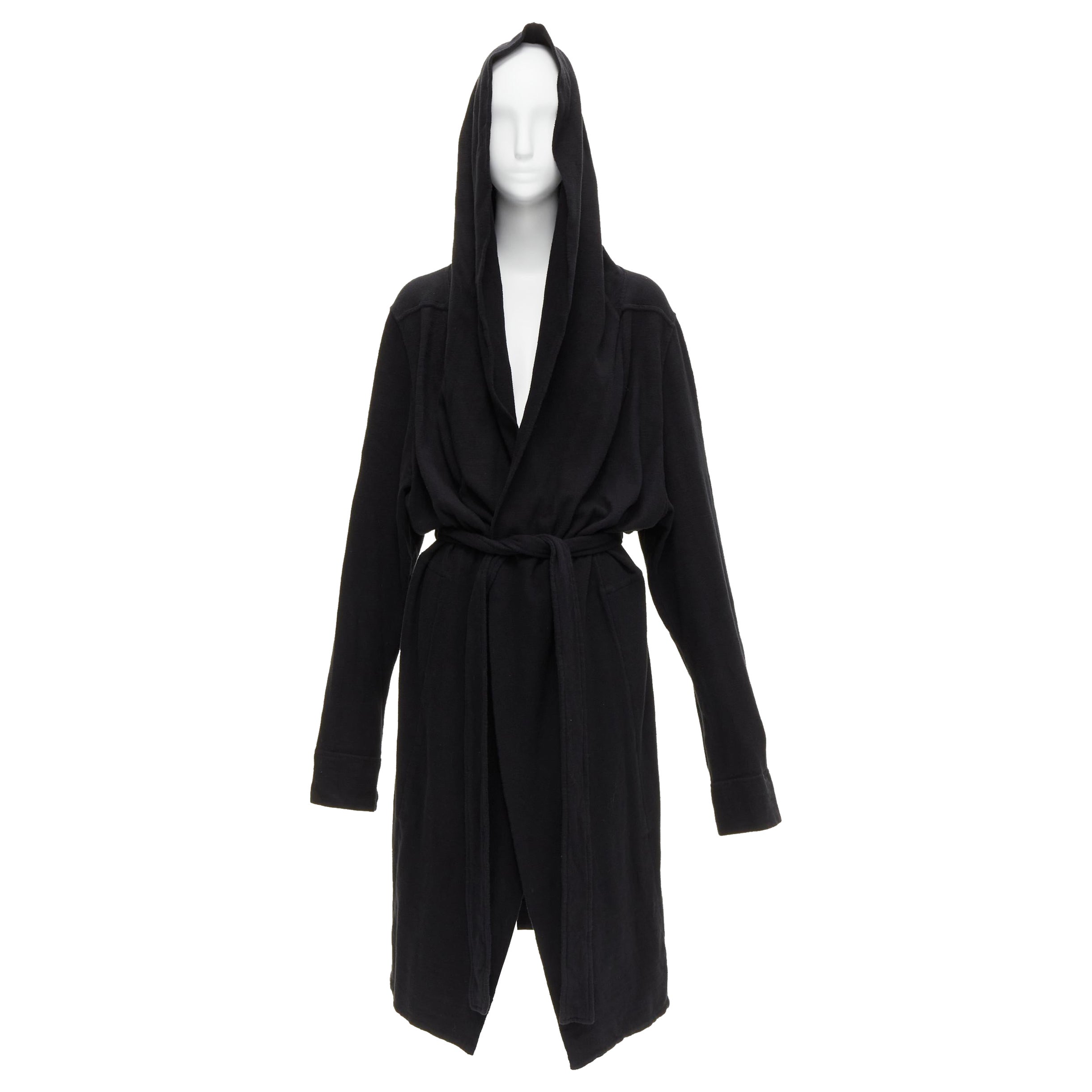 RICK OWENS DRKSHDW black cotton thick jersey hooded belted robe jacket S For Sale