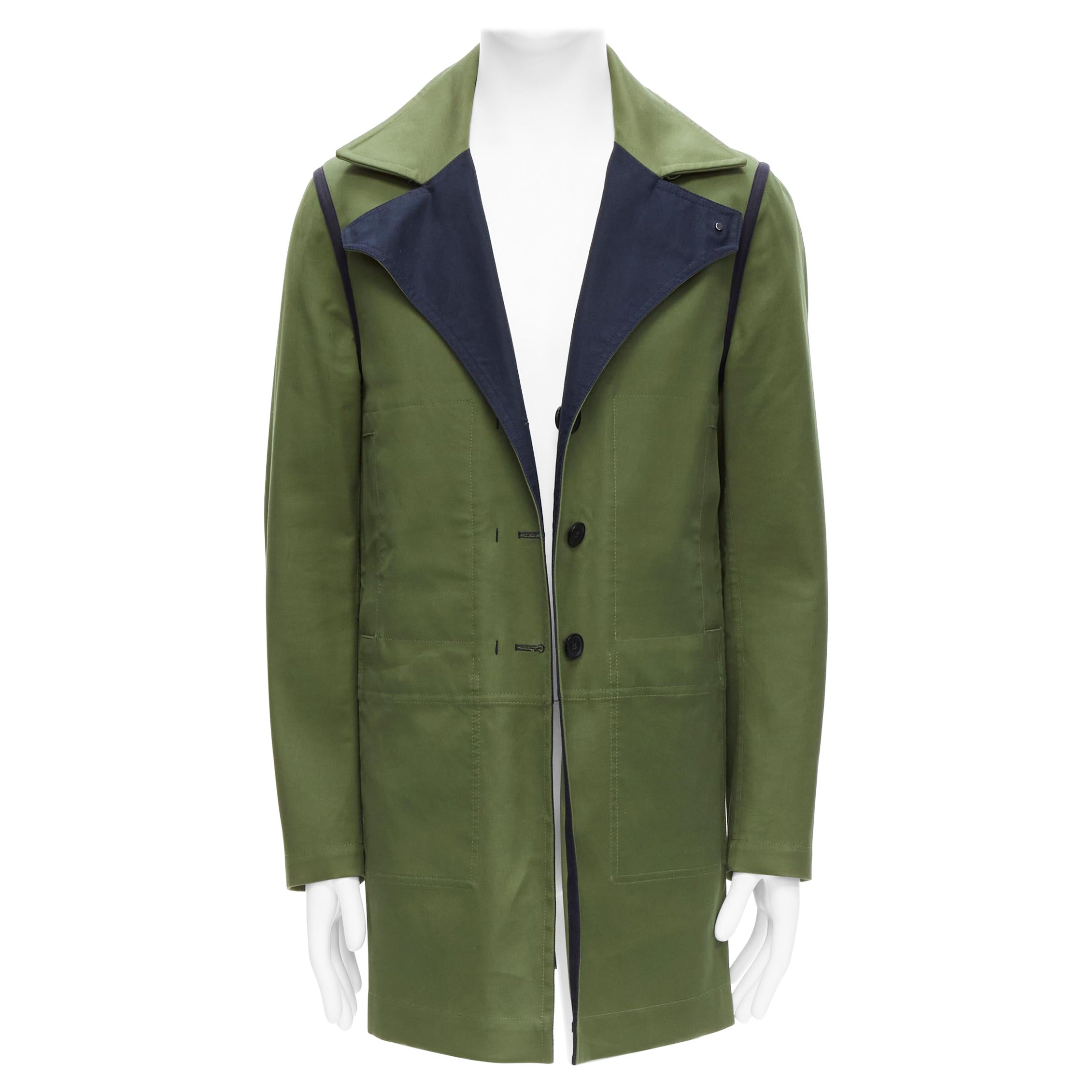 VALENTINO Cappotto reversibile verde navy in popeline di cotone con collo oversize EU48 M