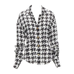 BALMAIN  Schwarz-weiße langärmlige Bluse mit Hahnentrittmuster aus Viskose mit goldenem Knopfleiste FR38 S