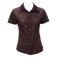 FENDI JEANS Vintage Y2K burgundy FF Zucca intarsia sheer polo shirt