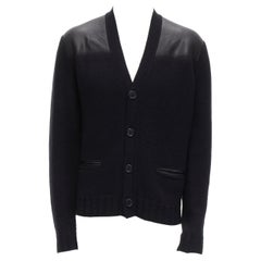 HERMÈS - Cardigan noir 100 % cachemire en cuir d'agneau dégradé, taille M
