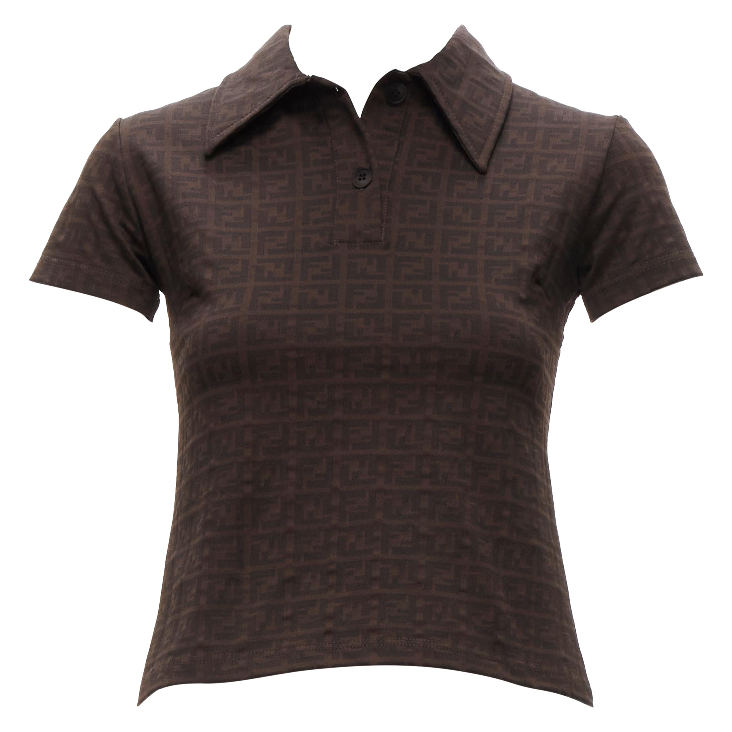 FENDI MARE Vintage brown FF Zucca monogram jacquard polo top IT40 S For Sale