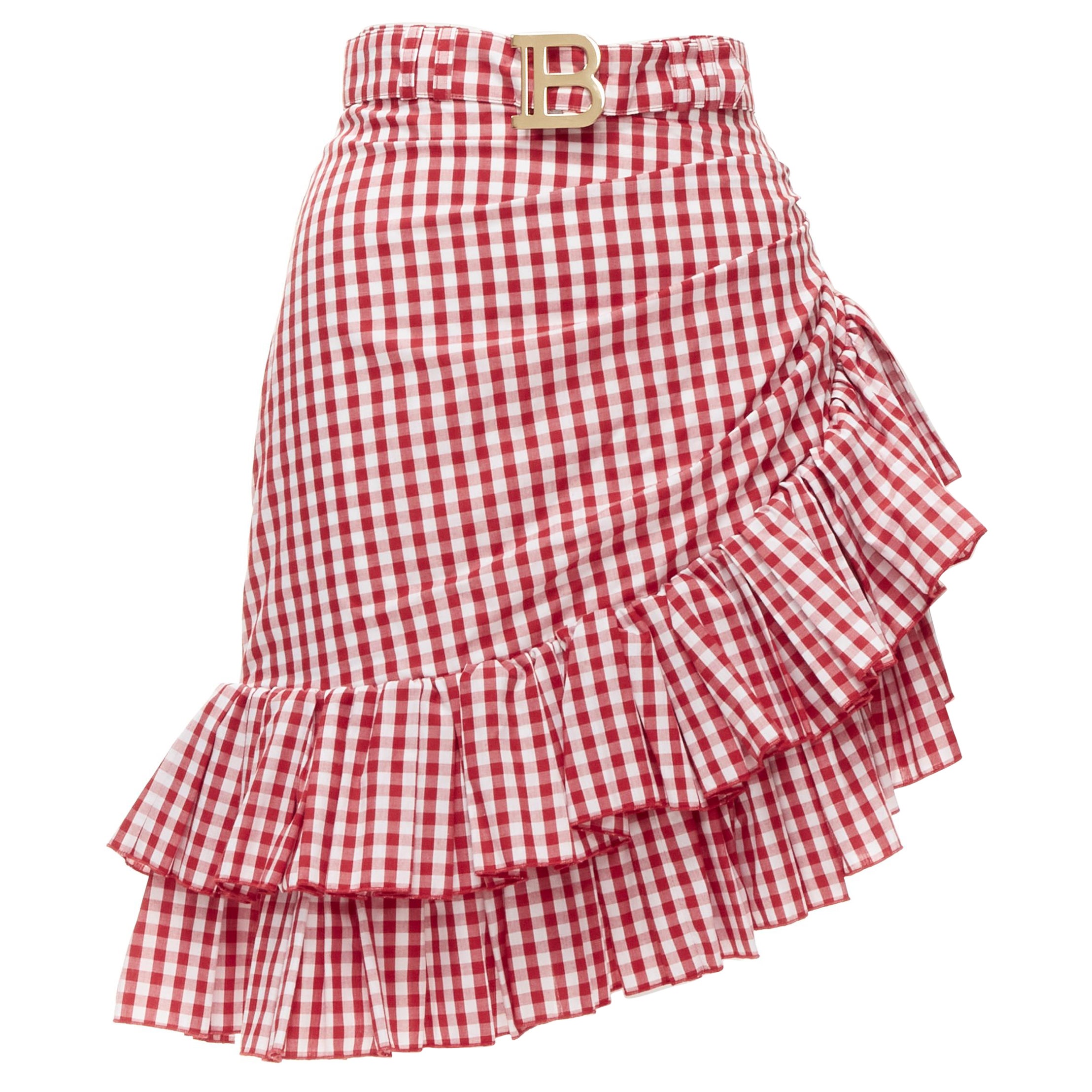 BALMAIN B logo buckle red white gingham ruffled cottage skirt FR34 XS For Sale