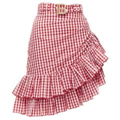 BALMAIN B logo buckle red white gingham ruffled cottage skirt FR34 XS