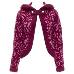 rare CHANEL red pink Camellia CC wool fluffy boucle trim cardigan jacket FR34 XS