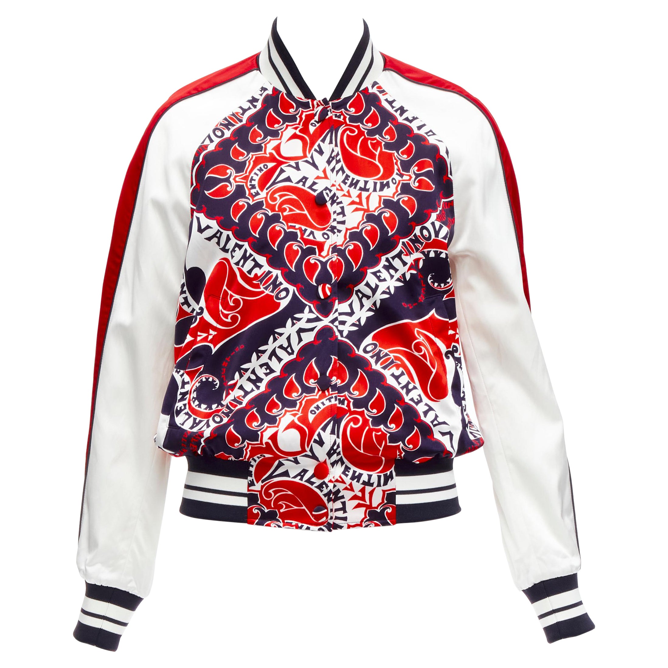 VALENTINO 2022 Manifesto Heart Bandana red blue satin bomber jacket IT40 S For Sale