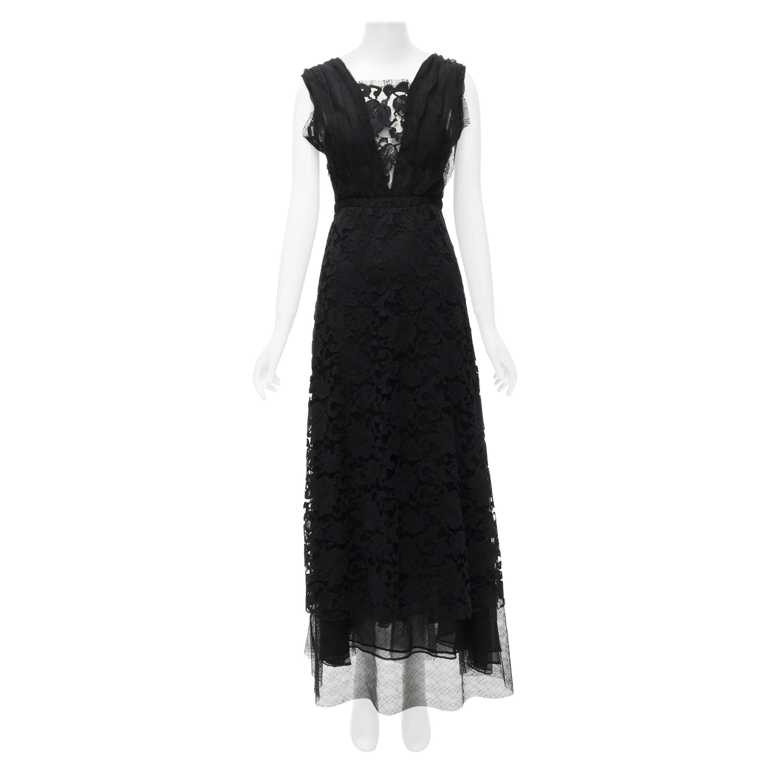 ADAM LIPPES black plunge illusion lace neckline empire waist layered gown US6 M For Sale