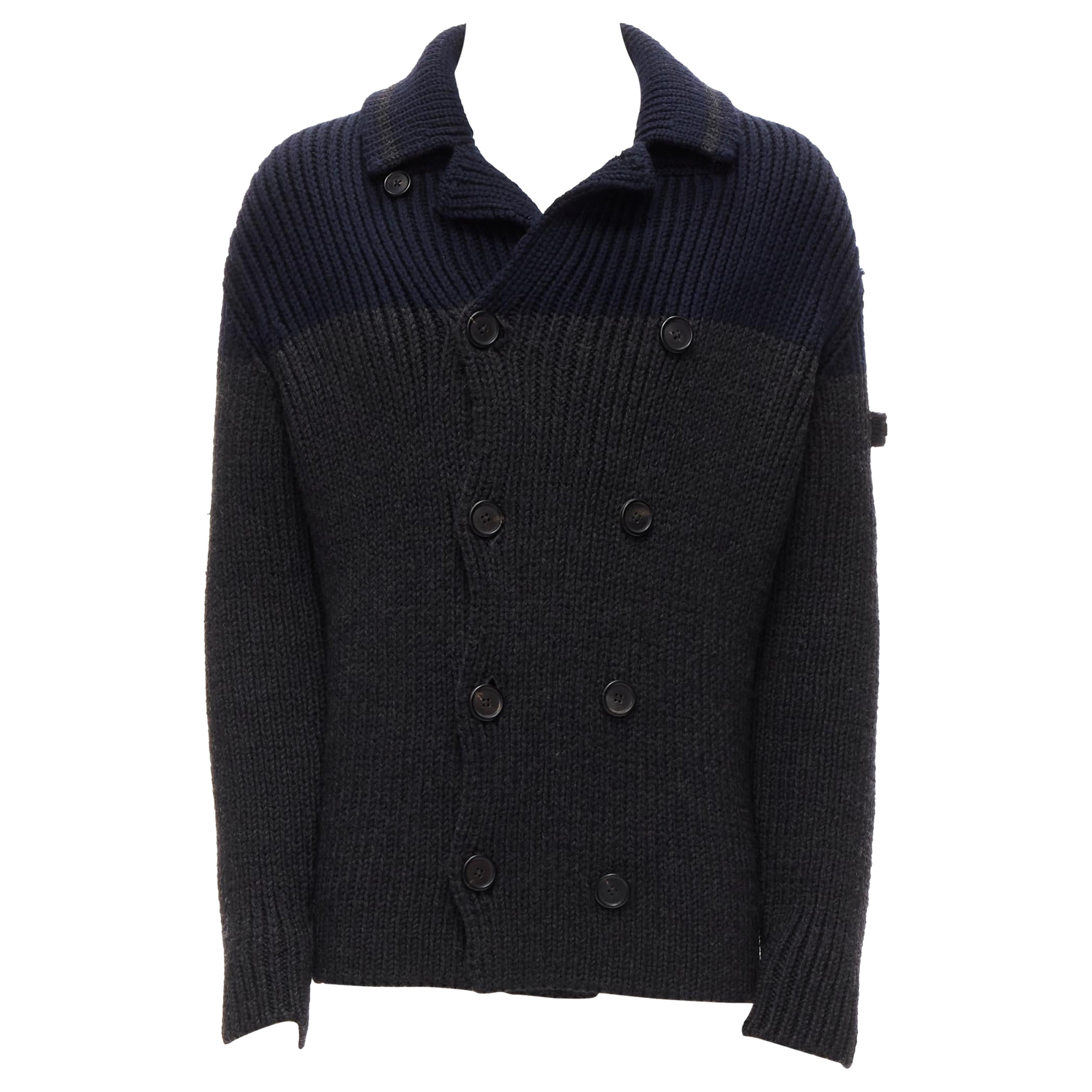 PRADA Manteau cardigani gris marine à col de marin en tricot côtelé 100 % laine IT50 L, 2013 en vente
