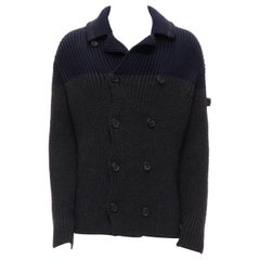 PRADA 2013 100% Wollgrauer marineblauer cardigani-Mantel mit Matrosenkragen aus geripptem Strick IT50 L