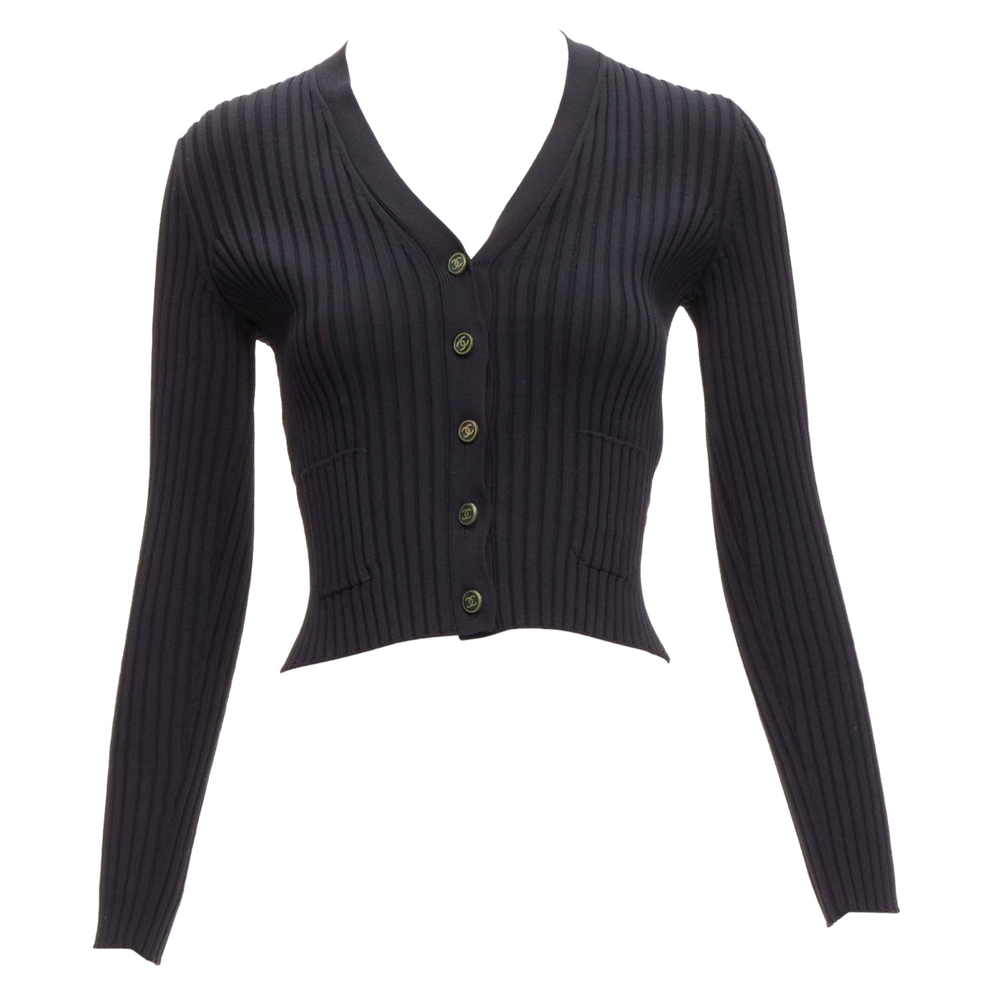 CHANEL 01A Vintage gold CC logo button ribbed cropped cardigan FR42 L For Sale