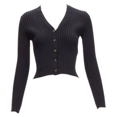 CHANEL 01A Vintage gold CC logo button ribbed cropped cardigan FR42 L