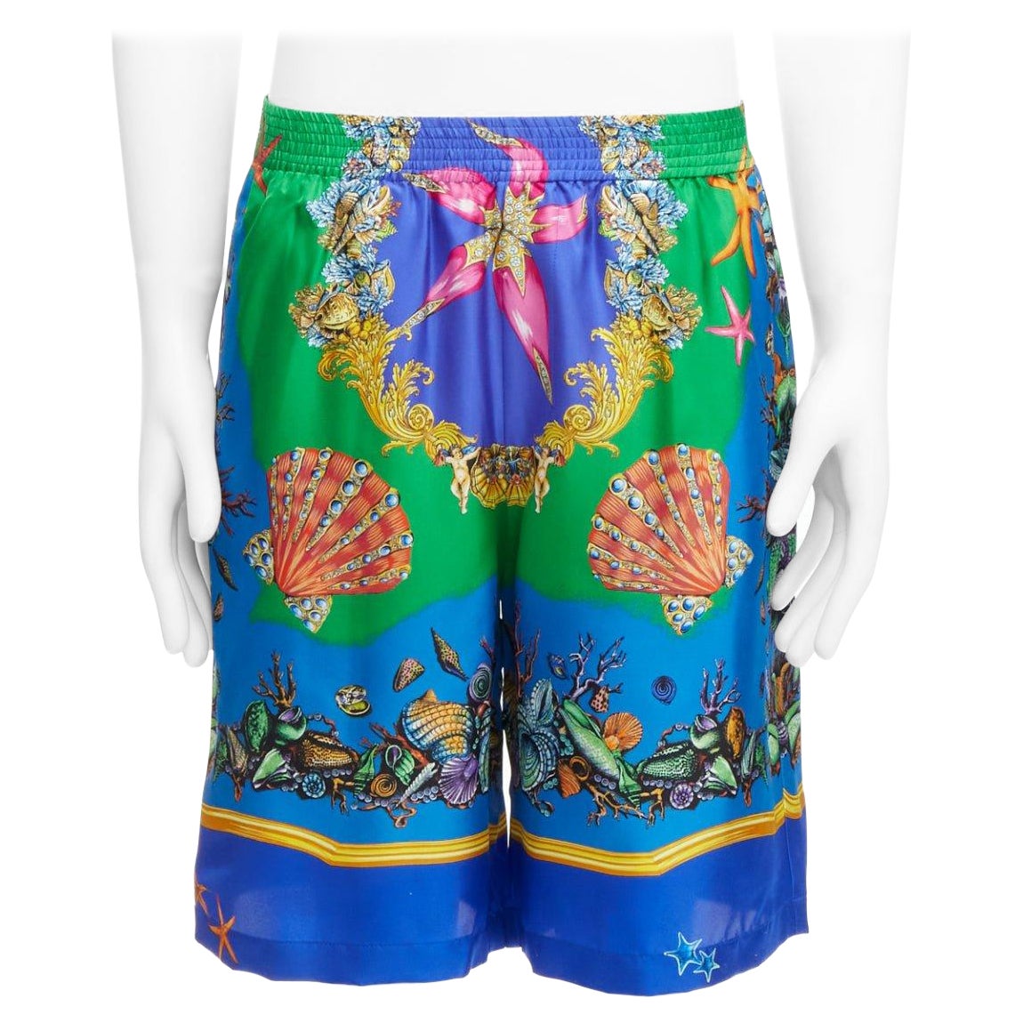 VERSACE 2021 Tresor De La Mer blue seashell print 100% silk shorts IT46 S For Sale