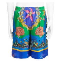VERSACE 2021 Tresor De La Mer pantalón corto azul estampado con conchas 100% seda IT46 S