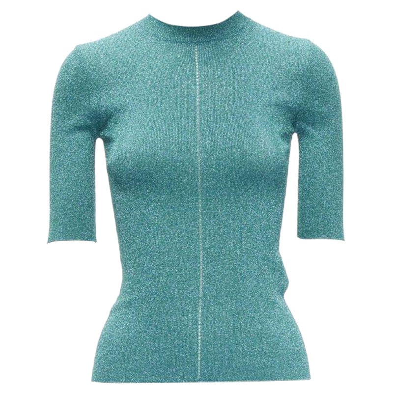 SAINT LAURENT top in maglia con cuciture a reticolo blu turchese metallizzato S in vendita